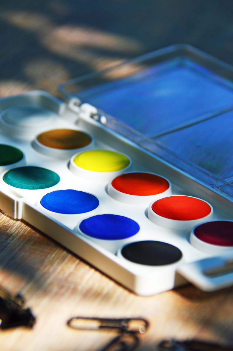 school starts, still life, no people, watercolor, back-to-school, selective focus, variation, close-up, table, learning, palette, school, art and craft