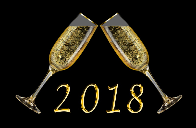 studio shot, celebrate, luxury, gold colored, healthcare and medicine, number, drink, festival, black background, 2018, western script, new years eve, champagne glass