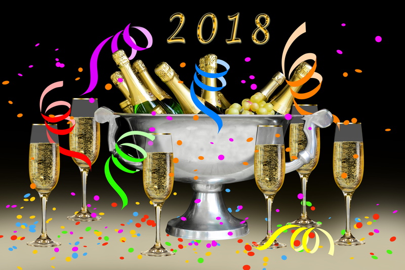 no people, food, bottle of sparkling wine, celebration, 2018, streamer, illustration, studio shot, luck, annual financial statements, champagne, food and drink