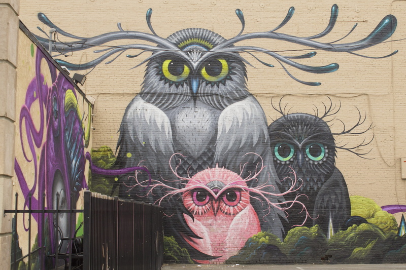art and craft, evil, humor, sculpture, bird, purple owl, blue, 4K, built structure, wall art, pink, demon - fictional character, animal, architecture