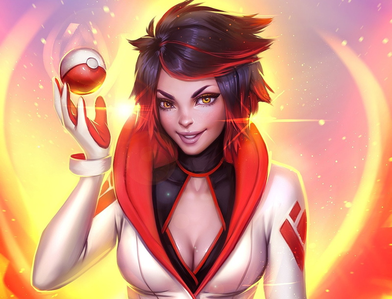 waist up, young adult, Pokémon, hairstyle, indoors, looking at camera, Girl, Short Hair, fashion, one person, Pokemon Go, front view, red, adult, Team Valor