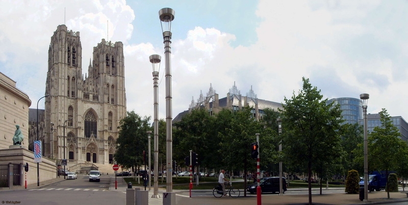 sky, brussels, land vehicle, architecture, belief, mode of transportation, cathdrale saints michel et gudule, outdoors, tree, day, place of worship, bruxelles