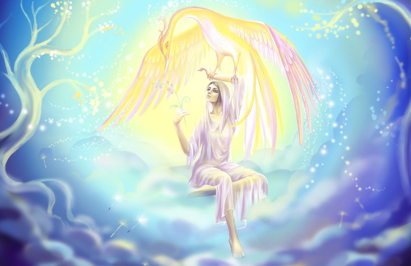 young adult, girl, Firebird, Phoenix, yellow, Joya Filomena, nature, blue, 2K, water, happiness, beauty, maxi, one person, wearing, women, painting, white