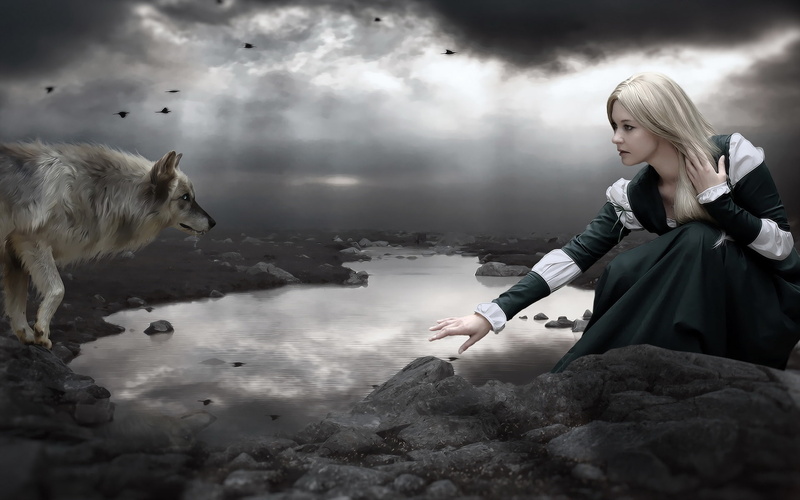 Lake, green, Pictures, woman, Art, 1080P, anime, white, dress, Night, Wolf, Girl, character