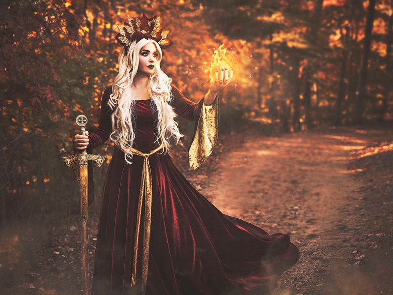 sword, Art, woman, Magic, Girl, ball, neck, 1080P, Robinson, red, holding, photo, Shelby, sleeve, gown, Fantasy, long, Creative, fire, scoop