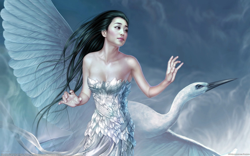 woman, fantasy, tube, white, dress, hd, 2K, drawing, bird, asian, girls, cg, feathered, girl