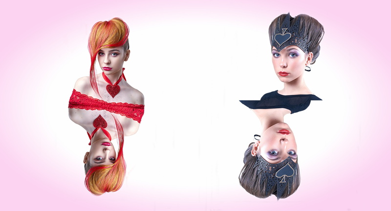 the Queen of spades, Queen of hearts, card, 4K, Vyacheslav Turcan, The suit ♥, The suit ♠, Aliona Turcan