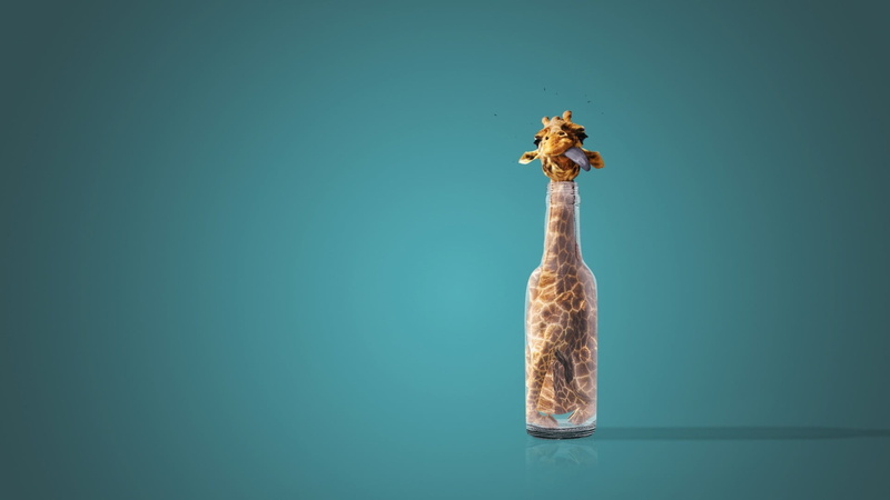 still life, animal, close-up, bottle, copy space, indoors, blue, colored background, humor, giraffe, decoration, 1080P, bottles, freshness, food, creativity