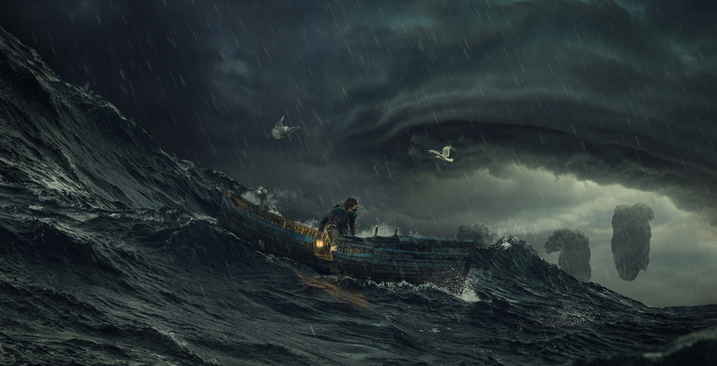 4K, 4K, boat, lamp, HD, sea, holding, man, inside, Storm
