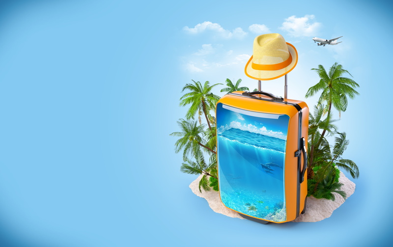 clouds, summer, bag, copy space, design, green Color, tree, 5K, luggage, sea, digital composite, sand, nature, beach, backgrounds, vacations, close-up