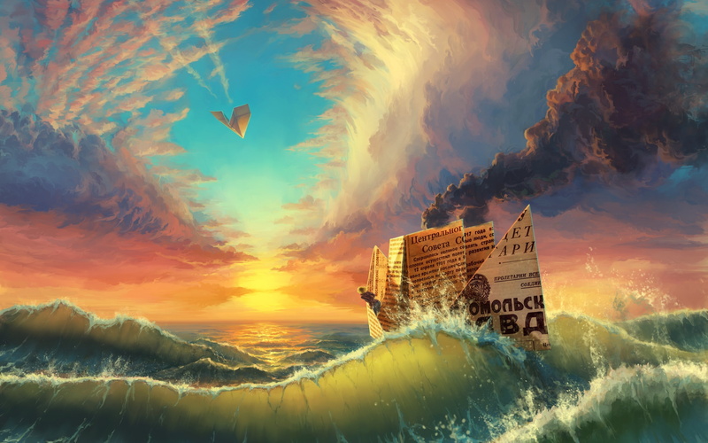 ship, USSR, contrails, paper planes, Russian, water, 2K, smoke, clouds, waves, artwork, sunset, paper, nature, paper boats, sea, colorful, digital art