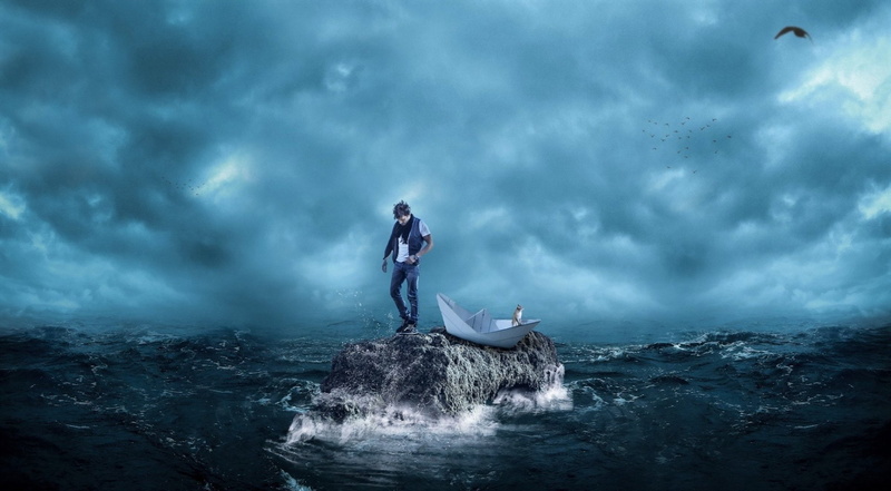 1080P, Man, Manipulation, Paper Boat, Fantasy, Sea, Ocean, Photography, Artistic, Wave, Cat