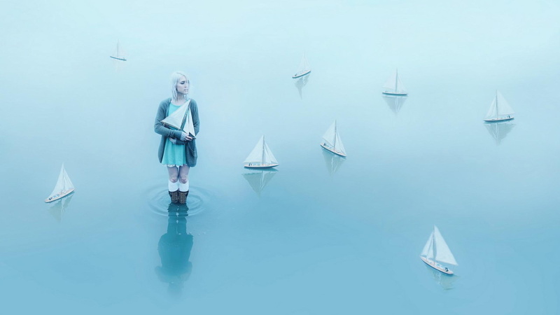 boats, river, mood, girl, paper, 1080P, sea