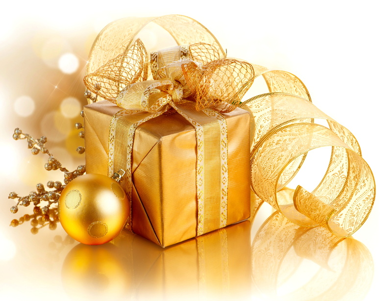 box - container, container, 4K, tape, holiday, gold, decoration, xmas, christmas ornament, close-up, shiny, New year, gold colored, bauble, tied bow, Christmas