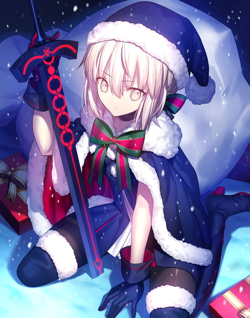 Santa hats, 720P, cold temperature, costume, sword, christmas decoration, representation, event, holiday - event, christmas, human representation, anime