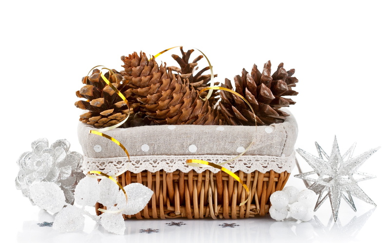 brown, shape, ribbon - sewing item, copy space, food and drink, cones, ribbon, indoors, stars, freshness, food, plant, New Year, white background, baskets