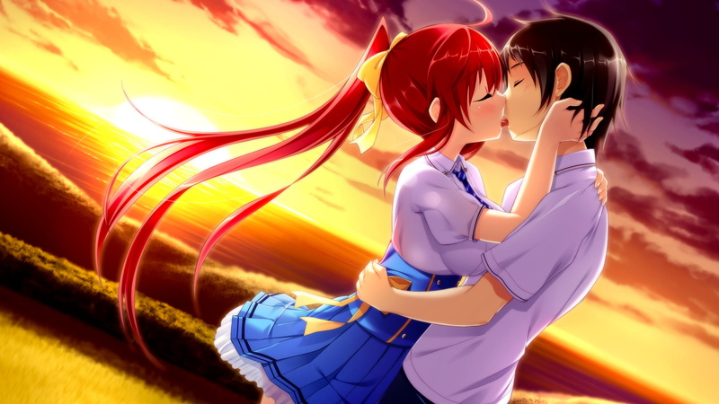 school uniform, young adult, full length, orange color, anime, 2K, kissing, outdoors, females, hairstyle, people, clothing, front view, lifestyles, Ano Harewataru Sora yori Takaku