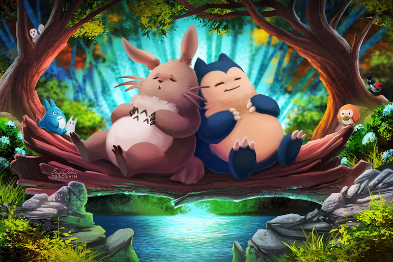 Snorlax (Pokémon), Fletchling (Pokémon), 1080P, Crossover, Totoro (My Neighbor Totoro), Sleeping, Movie, Rowlet (Pokémon), Pokémon, My Neighbor Totoro