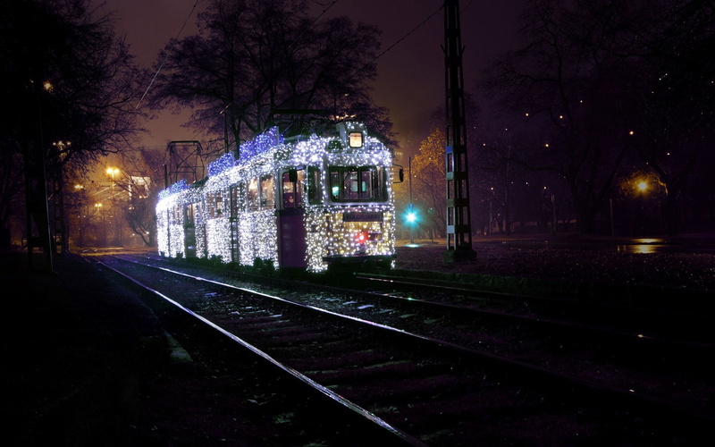 Night, Rails, Road, City, Tram, Budapest, Hungary, 1080P, Trees, Lighting