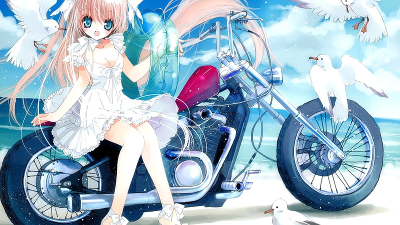 anime, travel, blonde, looking at viewer, motorcycle, mode of transportation, stationary, street, motor vehicle, reflection, long hair, original characters