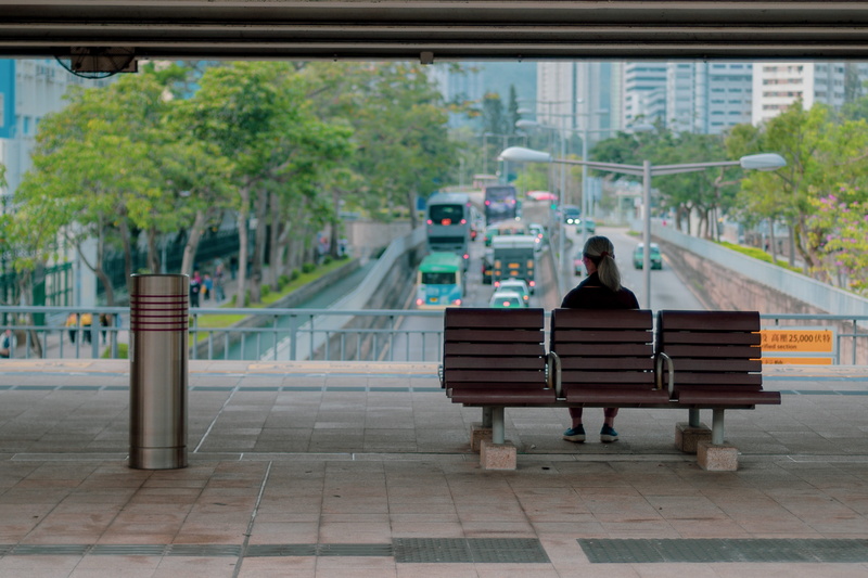 bin, real people, buses, men, waiting, built structure, park bench, can, lady, vehicles, double decker, relaxing, sitting, cars, rear view, outdoors, tree