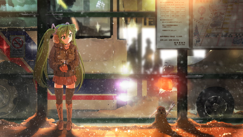 winter, being, art, character, girl, lights, night, map, drink, snowman, vocaloid, bus, female, 1080P, stop, haired, anime, hatsune miku, snow, green