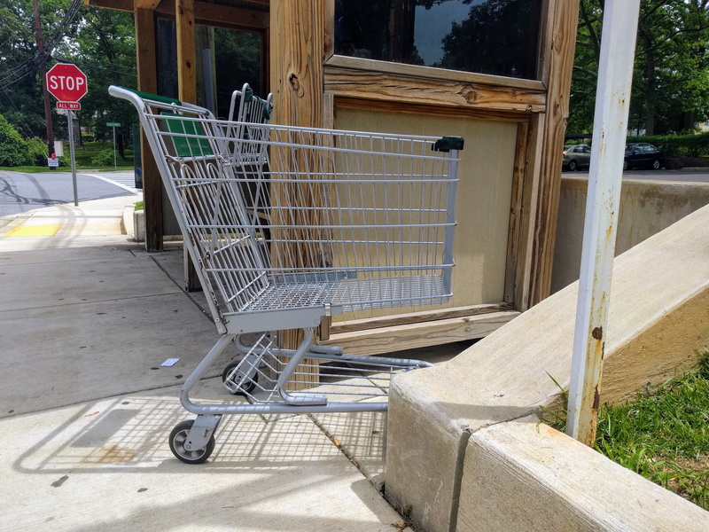 building exterior, cart, outdoors, 4K, seat, metal, architecture, bus stop, shadow, trolley, shopping, staircase, nature, no people, supermarket, shopping cart