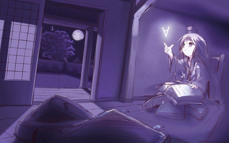 bedroom, anime girls, Moon, trees, 1080P