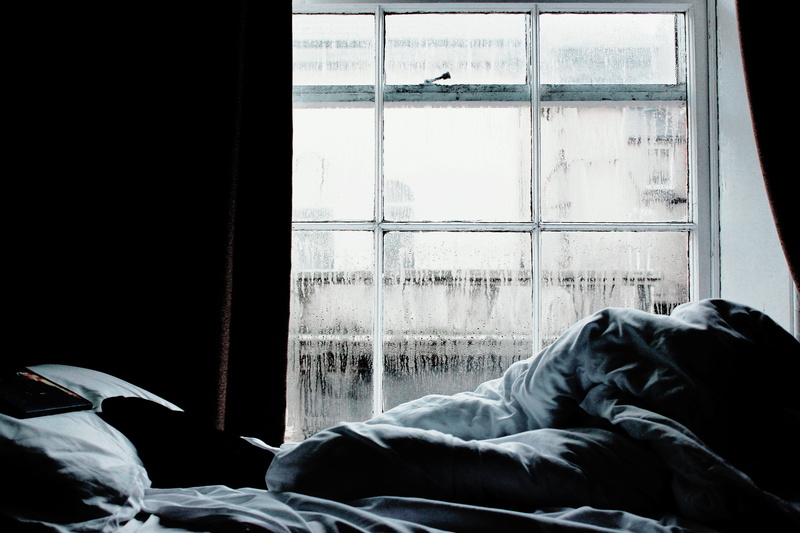 crumpled, sleeping, lying down, black, sheet, domestic room, wet, urban, glass, real people, window, city, glass - material, 5K, day, bedroom, clear, pillow