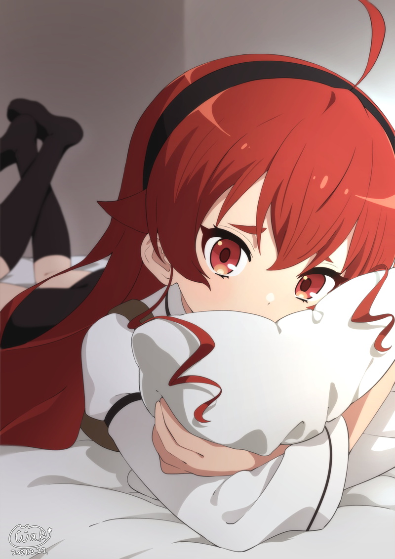 Mushoku Tensei, pillow, reclining, anime girls, pillow hug, Eris Boreas Greyrat (Mushoku Tensei), red eyes, 4K, redhead