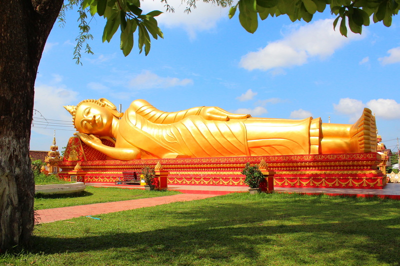 reclining buddha, ornate, built structure, sculpture, tree, statue, religion, laos, human representation, male likeness, no people, buddhism, representation