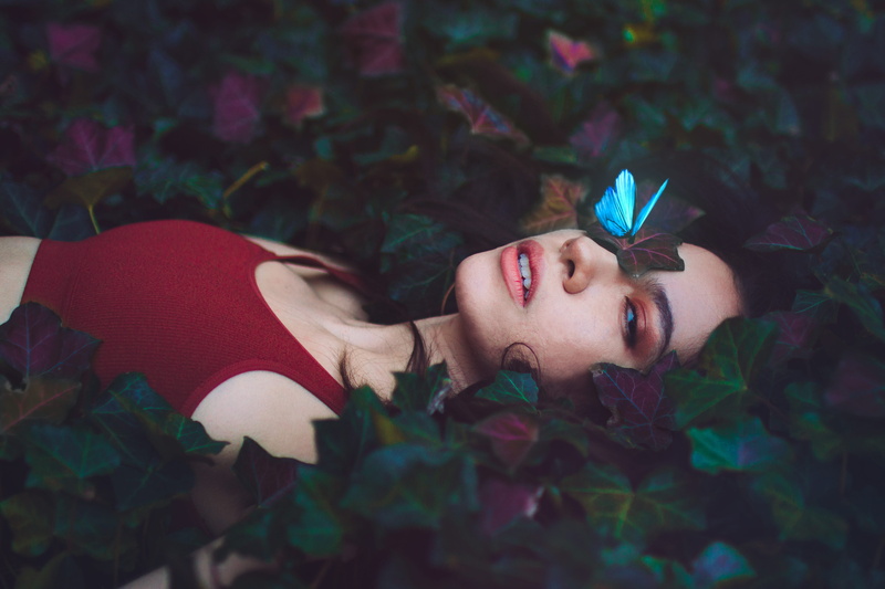 plant part, butterfly, portrait, wear, fashion, fashion model, top, beautiful woman, female, maroon, eyes closed, pose, lifestyles, leaf, style, nature