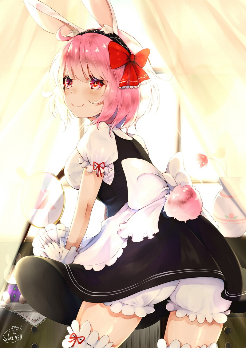 short hair, thigh-highs, pink hair, maid outfit, animal ears, bloomers, bunny ears, 1080P