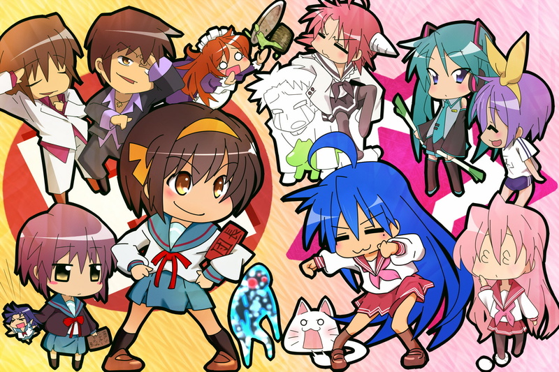 glasses, seifuku, uniform, izumi, bloomers, yuki, lucky, parody, twintails, kyon, gym, cosplay, chibi, vocaloid, crossover, star, maid, konata, 720P, thighhighs