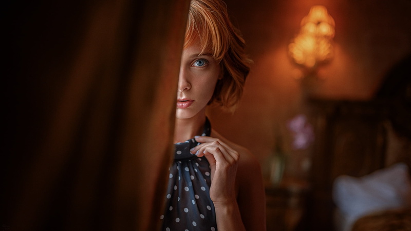 face, portrait, model, blue eyes, bedroom, indoors, women indoors, redhead, Georgy Chernyadyev, bokeh, 1080P, women, Marta Gromova, closeup