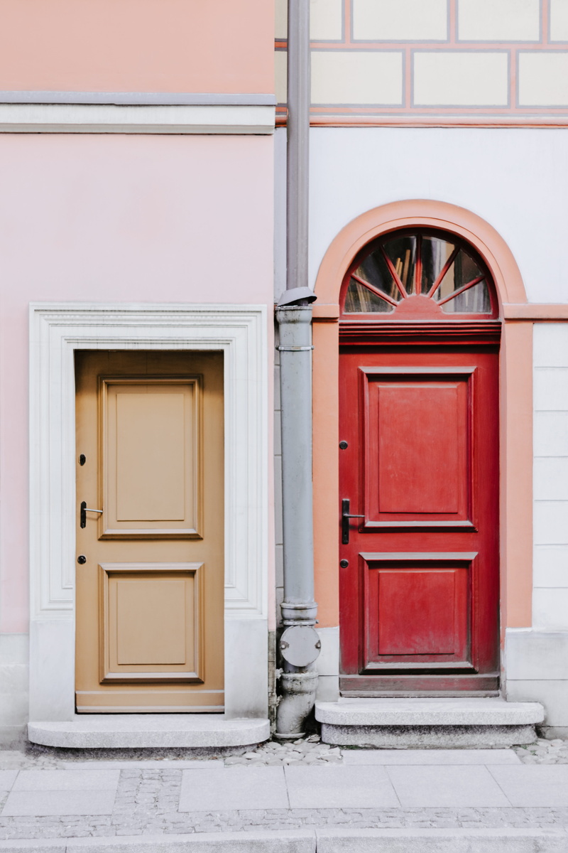 outdoors, building exterior, red, pavement, building, 5K, entrance, door, color, no people, city, front door, day, yellow, window, orange, gutter, doorhandle