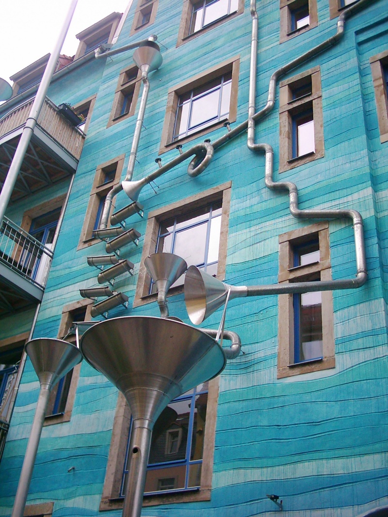 city, glass - material, air conditioner, side by side, sky, turquoise colored, day, house, residential district, art, window, facade, rain gutters, 2K