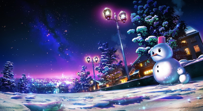 sky, building, trees, night, 1080P, clouds, stars, city, landscape, snow, winter, snowmen