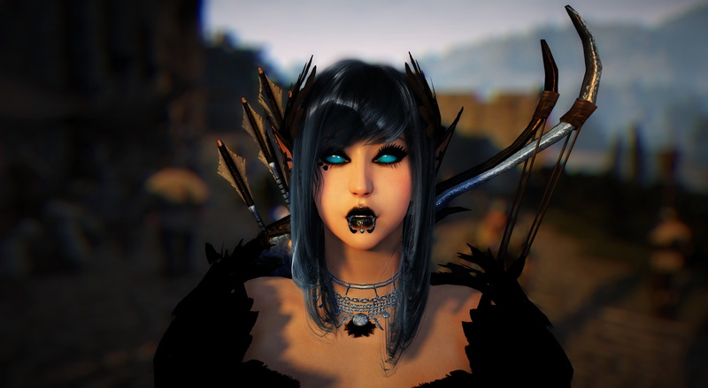 looking at camera, front view, young adult, black, females, blue eyes, beauty, piercing, Pierced Lips, black desert online, headshot, haired, sunset, bow and arrow