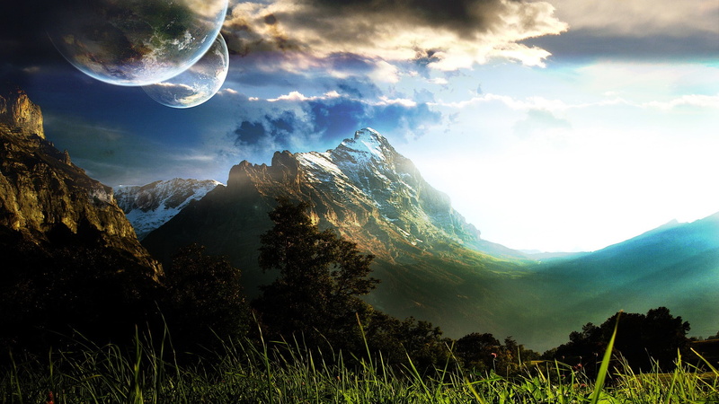 sky, space art, space, nature, planet, landscape, clouds, digital art, 1080P, mountains