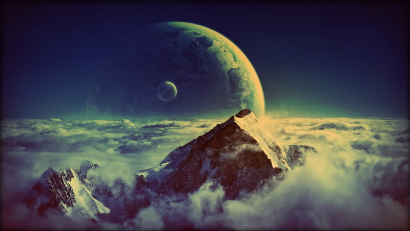 mountain, sky, covered, cloud - sky, snow, scenics - nature, mountains, planet - space, space, astronomy, 1080P, nature, digital composite, night, sea