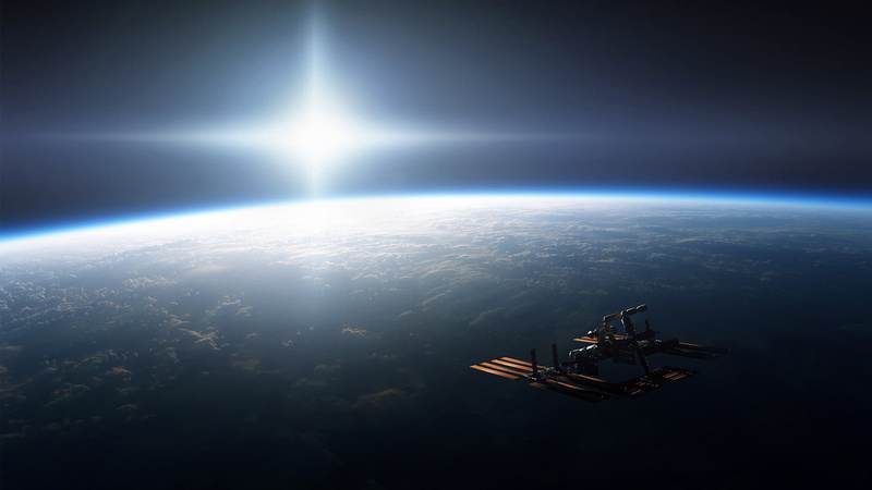 air vehicle, astronomy, horizon, technology, orbiting, sunlight, aerial view, no people, high angle view, futuristic, space station, environment, copy space