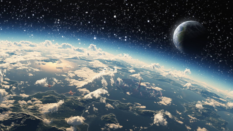 clouds, space, 2K, science fiction, space art, city, planet, digital art, stars, futuristic, atmosphere