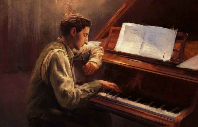 Mandy Jurgens, digital art, drawing, grand piano, 1080P, The Pianist, artwork, Adrien Brody, piano, sheet music