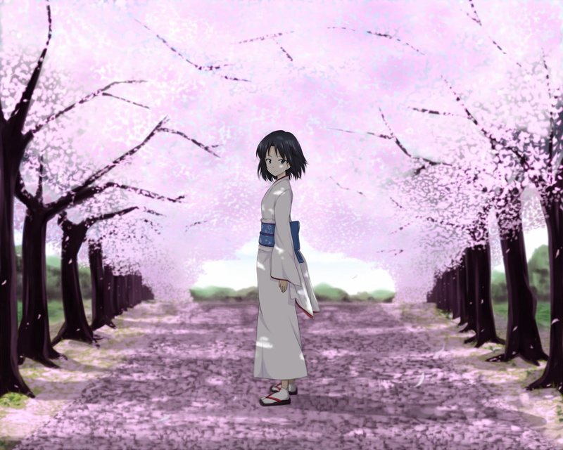 side view, standing, tree, lifestyles, anime girls, real people, beauty in nature, women, outdoors, growth, one person, footpath, cherry blossom, leisure activity