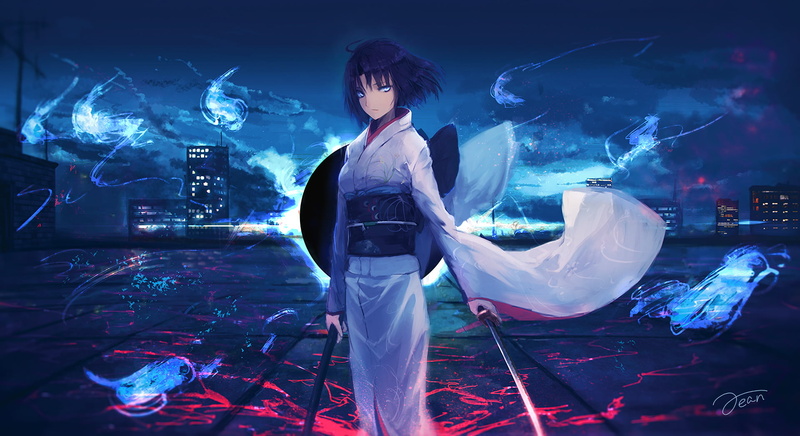 Anime, Kara no Kyōkai, Shiki Ryougi, contemplation, full length, women, real people, standing, clothing, front view, young women, digital composite, three quarter length