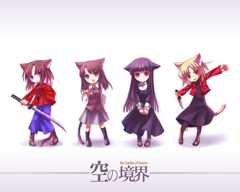 side by side, indoors, studio shot, cape, clothing, Kara no Kyoukai, still life, people, anime girls, white background, costume, Asagami Fujino, wig, Ryougi Shiki