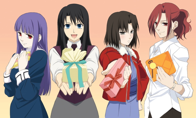 indoors, studio shot, Kara no Kyoukai, creativity, colored background, Ryougi Shiki, celebration, Kokutou Azaka, digital composite, group of people, mask
