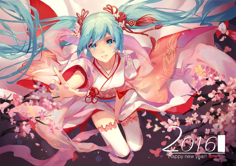 celebration, pink color, Vocaloid, hairstyle, kimono, long hair, representation, twintails, looking at camera, anime, thigh-highs, traditional clothing