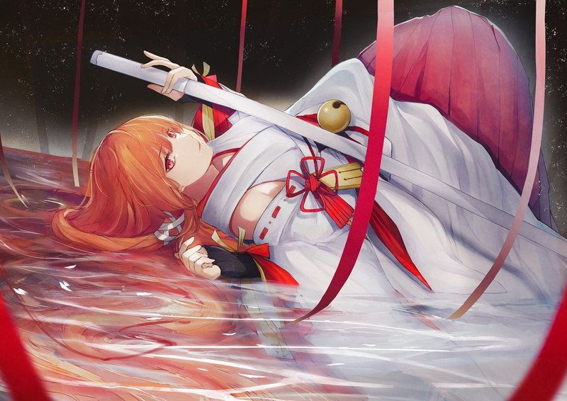 long hair, miko, code: d-blood, water, Japanese clothes, katana, 720P, weapon, bell, ribbons, red eyes, sword, uesugi eri